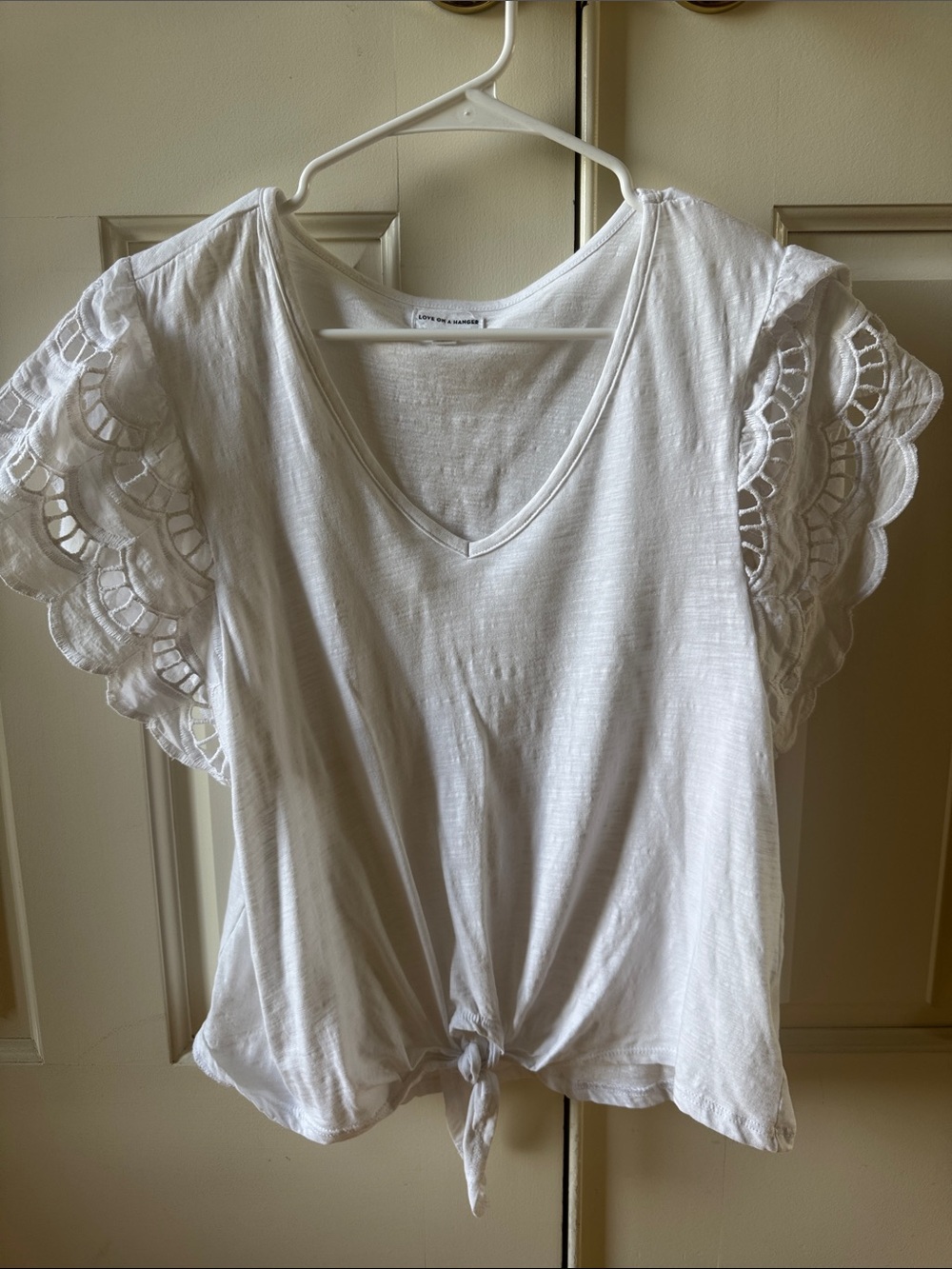 White V-Neck Tie-Front Top with Lace Flutter Sleeves